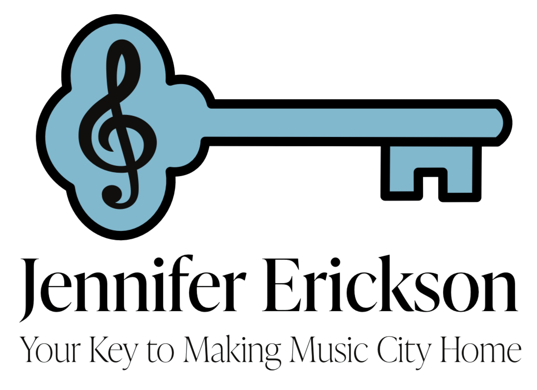 Jennifer Erickson logo with a blue key featuring a treble clef and tagline 'Your Key to Making Music City Home'.